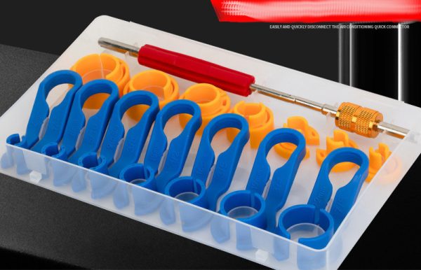 16-piece automotive tool kit in a white plastic case containing blue and yellow fuel line disconnect tools ranging from 6mm to 22mm, plus red-handled long and short valve core wrenches.