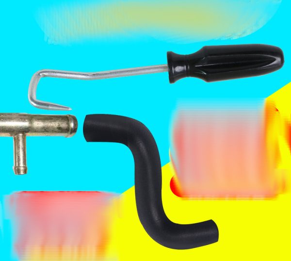 Black handled automotive hose removal hook with a curved hard steel pointed tip, 190mm long, used for pulling stuck coolant and fuel hoses off metal fittings.