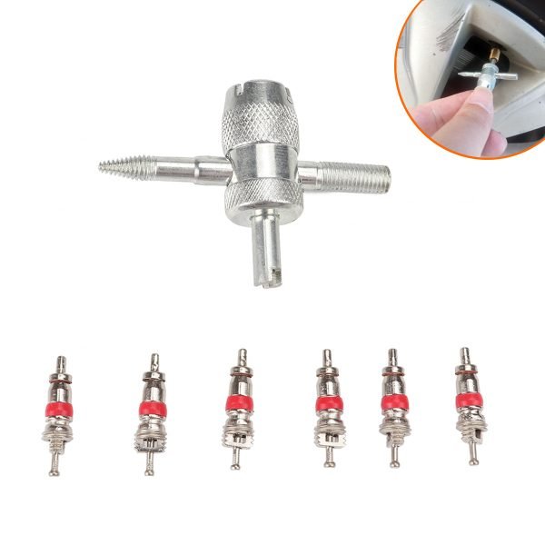 Silver 4-in-1 knurled valve core tool with a pointed threaded tip and six red rubber tire valve cores laid out below, used for car, truck, motorcycle and bike tires.