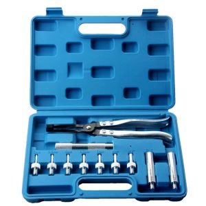 Open blue carrying case showing an 11-piece valve stem seal tool kit, including black-handled pliers, silver adaptors, and an extension bar neatly organized in molded slots.