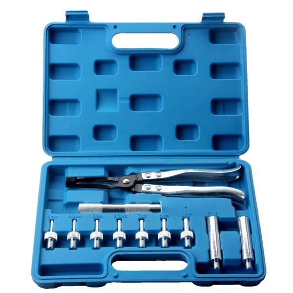 Open blue carrying case showing an 11-piece valve stem seal tool kit, including black-handled pliers, silver adaptors, and an extension bar neatly organized in molded slots.