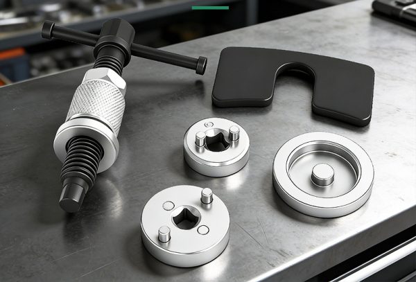 High-angle studio shot of the complete 5-piece industrial grade brake caliper wind-back tool set against a clean background.