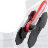 Full view of the red and black ratcheting brake caliper spreader with its two magnetic plates.