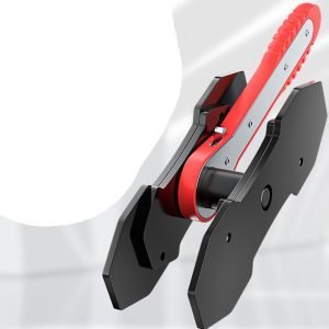Full view of the red and black ratcheting brake caliper spreader with its two magnetic plates.