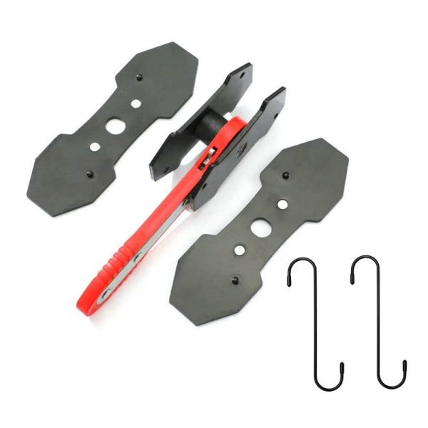 Top-down view of the blue ratcheting brake spreader tool and the two separate black steel contact cards laid out on a clean white background.