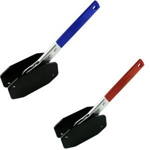 Angled view of 2 handled compact ratcheting brake spreader showing the black contact plates.