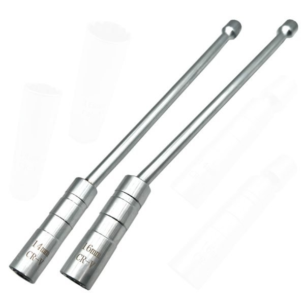 Long, extra-long 30.5cm chrome spark plug socket showing the ultra-thin body and 3/8" ball-joint drive end.