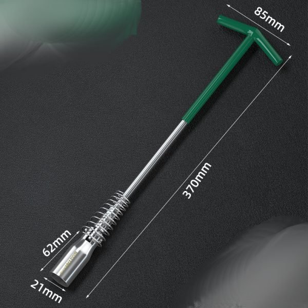 xtra long 370mm T-handle spark plug wrench with green handle and spring guard, displayed diagonally on a dark background.