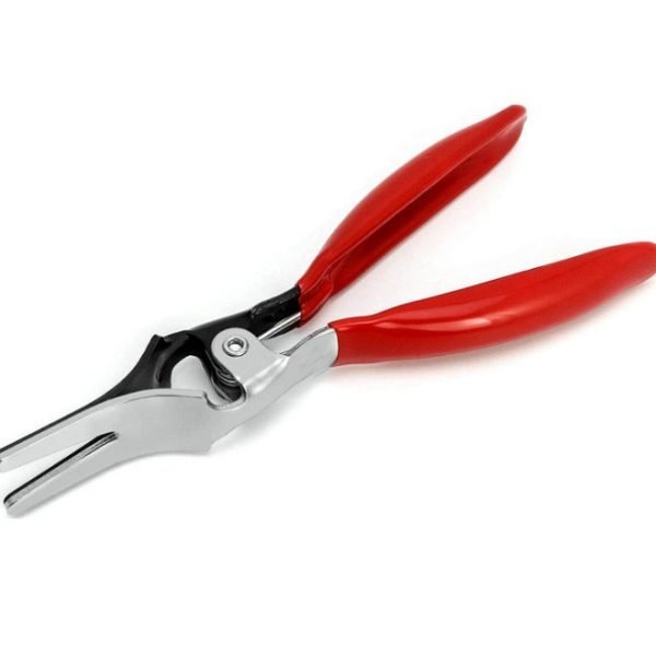 A 7-piece automotive pliers set laid out flat on cardboard, featuring red and black handles and various precision jaws.