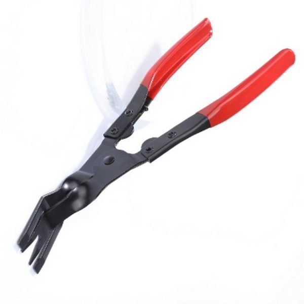 An overhead view of the 11-piece deluxe auto repair kit featuring pure red handle pliers, nylon trim removal tools, and electrical terminal extractors in a zippered case.
