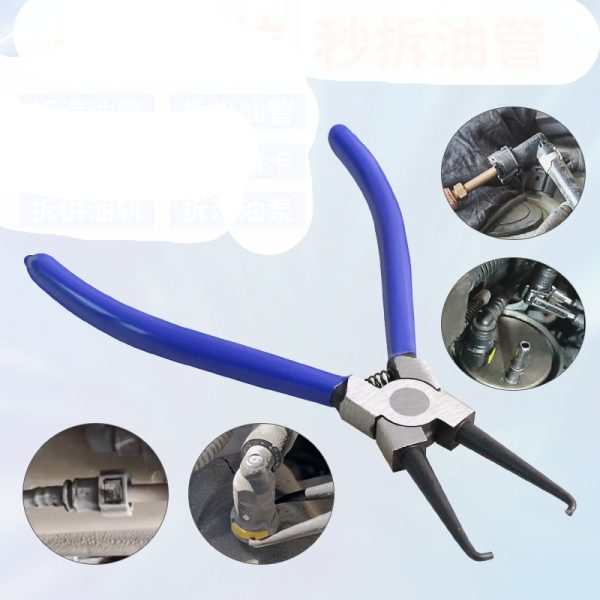 Blue handled 7 inch curved fuel line disconnect pliers with hooked black metal tips and a return spring, used for removing car gas line, fuel rail and coolant hose clips.