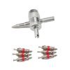 Silver 4-in-1 knurled valve core tool with a pointed threaded tip and six red rubber tire valve cores laid out below, used for car, truck, motorcycle and bike tires.