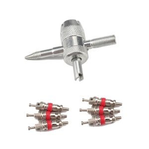 Silver 4-in-1 knurled valve core tool with a pointed threaded tip and six red rubber tire valve cores laid out below, used for car, truck, motorcycle and bike tires.