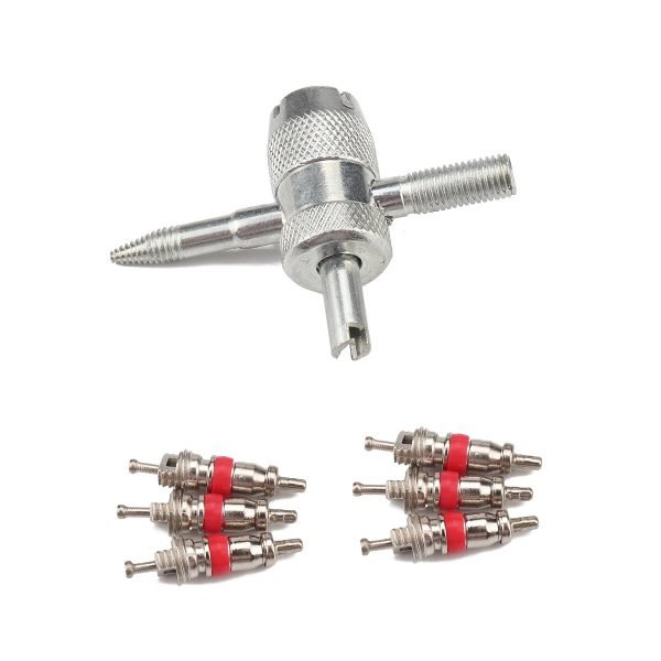 Silver 4-in-1 knurled valve core tool with a pointed threaded tip and six red rubber tire valve cores laid out below, used for car, truck, motorcycle and bike tires.