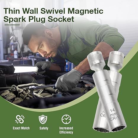 Two black swivel spark plug sockets side by side, 14mm and 16mm CR-V steel with 3/8 inch drive.