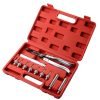 Open red case displaying an 11-piece valve stem seal tool kit with black pliers and chrome adapters organized by size.