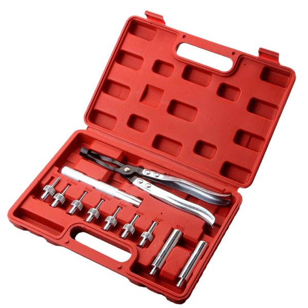 Open red case displaying an 11-piece valve stem seal tool kit with black pliers and chrome adapters organized by size.