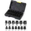 Open black case displaying 13-piece stripped bolt extractor set with yellow latch, showing #5-#10 extractors and various nut removers.