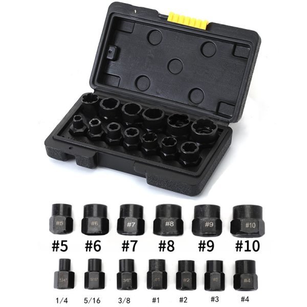 Open black case displaying 13-piece stripped bolt extractor set with yellow latch, showing #5-#10 extractors and various nut removers.