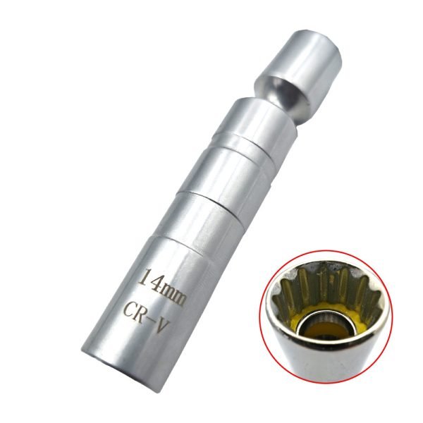 Silver 4-inch ultra-thin spark plug socket displayed diagonally, showing the slim body, laser-etched size markings, and 3/8" ball-joint drive end.