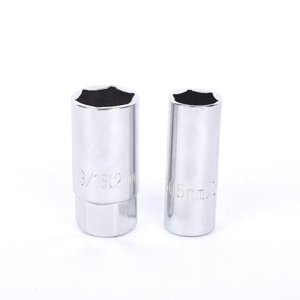 A single 16mm chrome spark plug socket with a 1/2" drive base, displayed against a white background, showcasing its heavy build and mirror polish.