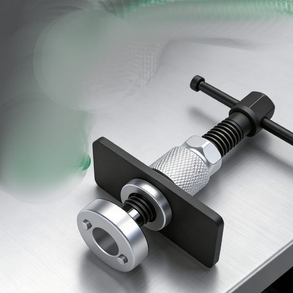 High-angle studio shot of the complete 5-piece industrial grade brake caliper wind-back tool set against a clean background.