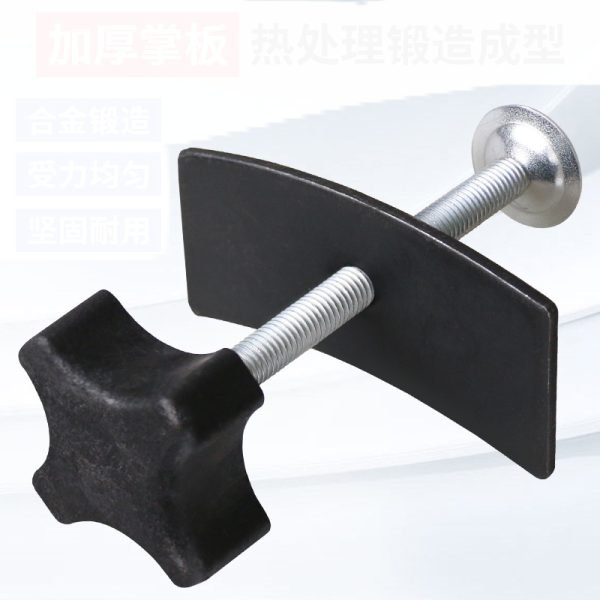 Full view of the black and silver brake caliper press tool showing the cross-handle and curved pressure plate.
