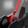 Full view of the red and black ratcheting brake caliper spreader with its two magnetic plates.