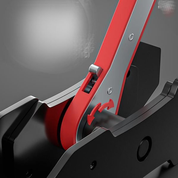 Full view of the red and black ratcheting brake caliper spreader with its two magnetic plates.