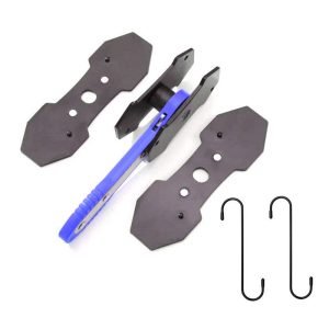 Top-down view of the blue ratcheting brake spreader tool and the two separate black steel contact cards laid out on a clean white background.