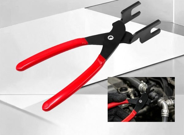 Usage scenarios of fuel line disconnect pliers on engine fuel pipes and AC lines.