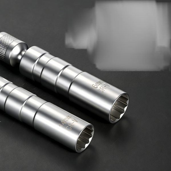 Matte silver 14mm/16mm short spark plug socket with 3/8" drive and strong internal magnet.