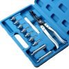 Open blue carrying case showing an 11-piece valve stem seal tool kit, including black-handled pliers, silver adaptors, and an extension bar neatly organized in molded slots.