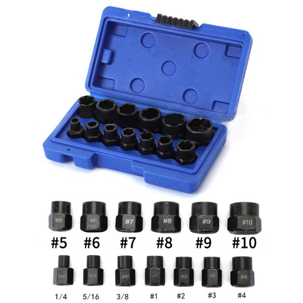 Flat lay of all 13 pieces separated by type, showing the internal damaged bolt extractors (#5-#10) and the external damaged nut extractors.