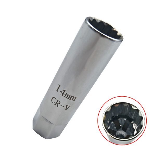 Two silver ultra-thin spark plug sockets (14mm and 16mm) displayed diagonally, highlighting the slim body and laser-etched markings.