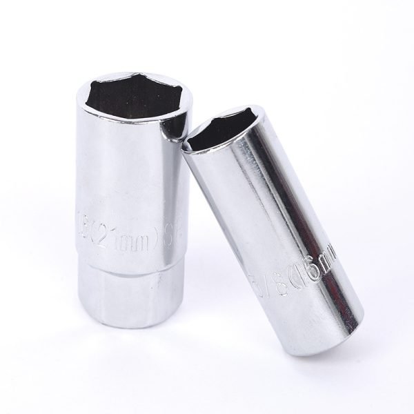A single 16mm chrome spark plug socket with a 1/2" drive base, displayed against a white background, showcasing its heavy build and mirror polish.