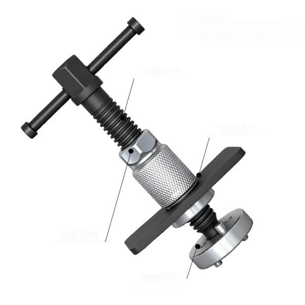 High-angle studio shot of the complete 5-piece industrial grade brake caliper wind-back tool set against a clean background.