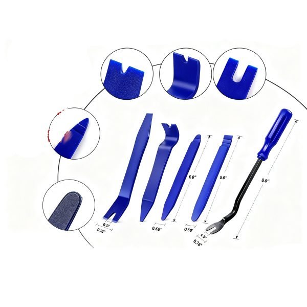 5PCS classic blue nylon trim removal tools laid out on a white background.