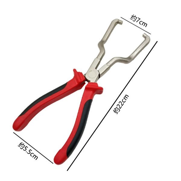 Automotive fuel line separation pliers with curved hooked jaws and red black or green black rubber grip handles, used for removing car fuel, water and urea pipe connectors.