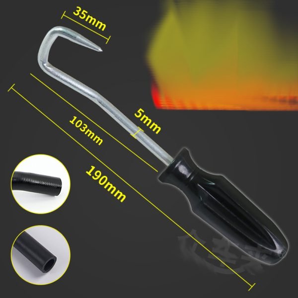 Black handled automotive hose removal hook with a curved hard steel pointed tip, 190mm long, used for pulling stuck coolant and fuel hoses off metal fittings.
