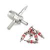 Silver 4-in-1 knurled valve core tool with a pointed threaded tip and six red rubber tire valve cores laid out below, used for car, truck, motorcycle and bike tires.