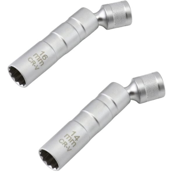 Two black swivel spark plug sockets side by side, 14mm and 16mm CR-V steel with 3/8 inch drive.