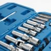Open blue case displaying an 18-piece chrome vanadium flexible socket set organized by size.