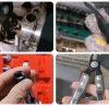Open red case displaying an 11-piece valve stem seal tool kit with black pliers and chrome adapters organized by size.