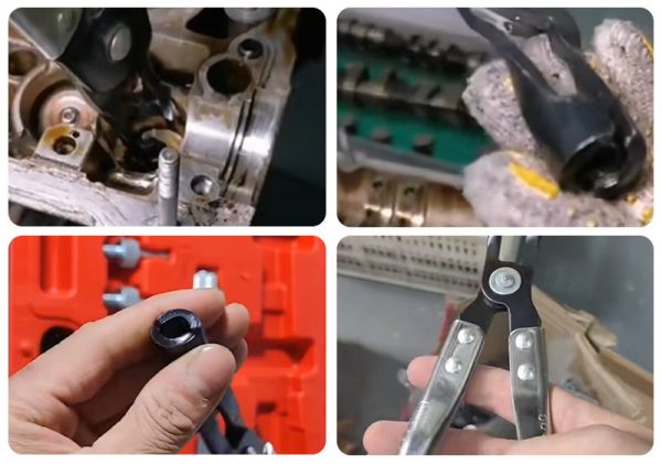 Open red case displaying an 11-piece valve stem seal tool kit with black pliers and chrome adapters organized by size.
