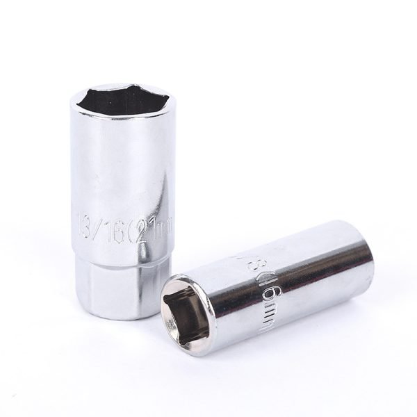 A single 16mm chrome spark plug socket with a 1/2" drive base, displayed against a white background, showcasing its heavy build and mirror polish.