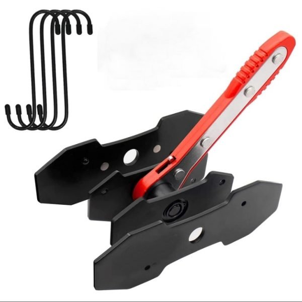 Top-down view of the blue ratcheting brake spreader tool and the two separate black steel contact cards laid out on a clean white background.