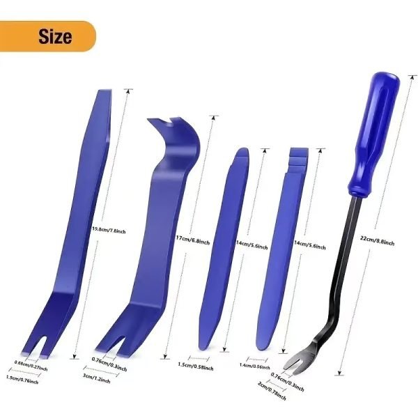 5PCS classic blue nylon trim removal tools laid out on a white background.