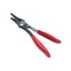 Set of four red and black automotive pliers including fuel line separation pliers, hose clamp pliers, urea line pliers and vise grip style hose clamp pliers used for car fuel and coolant line repair.
