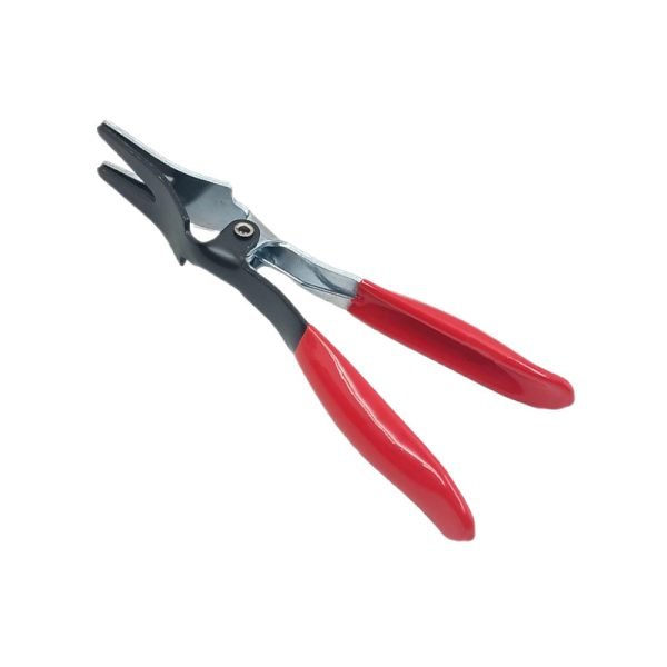 Set of four red and black automotive pliers including fuel line separation pliers, hose clamp pliers, urea line pliers and vise grip style hose clamp pliers used for car fuel and coolant line repair.